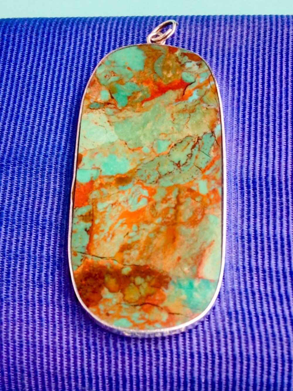925 Sterling Silver Santo Domingo Kewa Pueblo CJ Calabaza Turquoise Slab Pendant